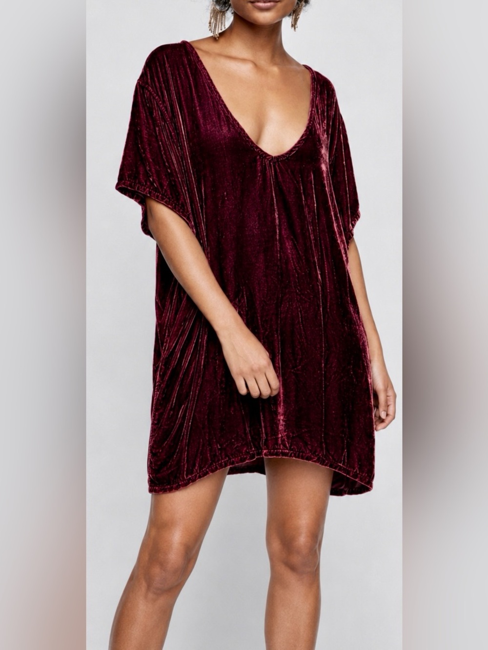 Free People x CP Shades Burgundy Velvet Tunic Dress Size M Oversized Pockets USA